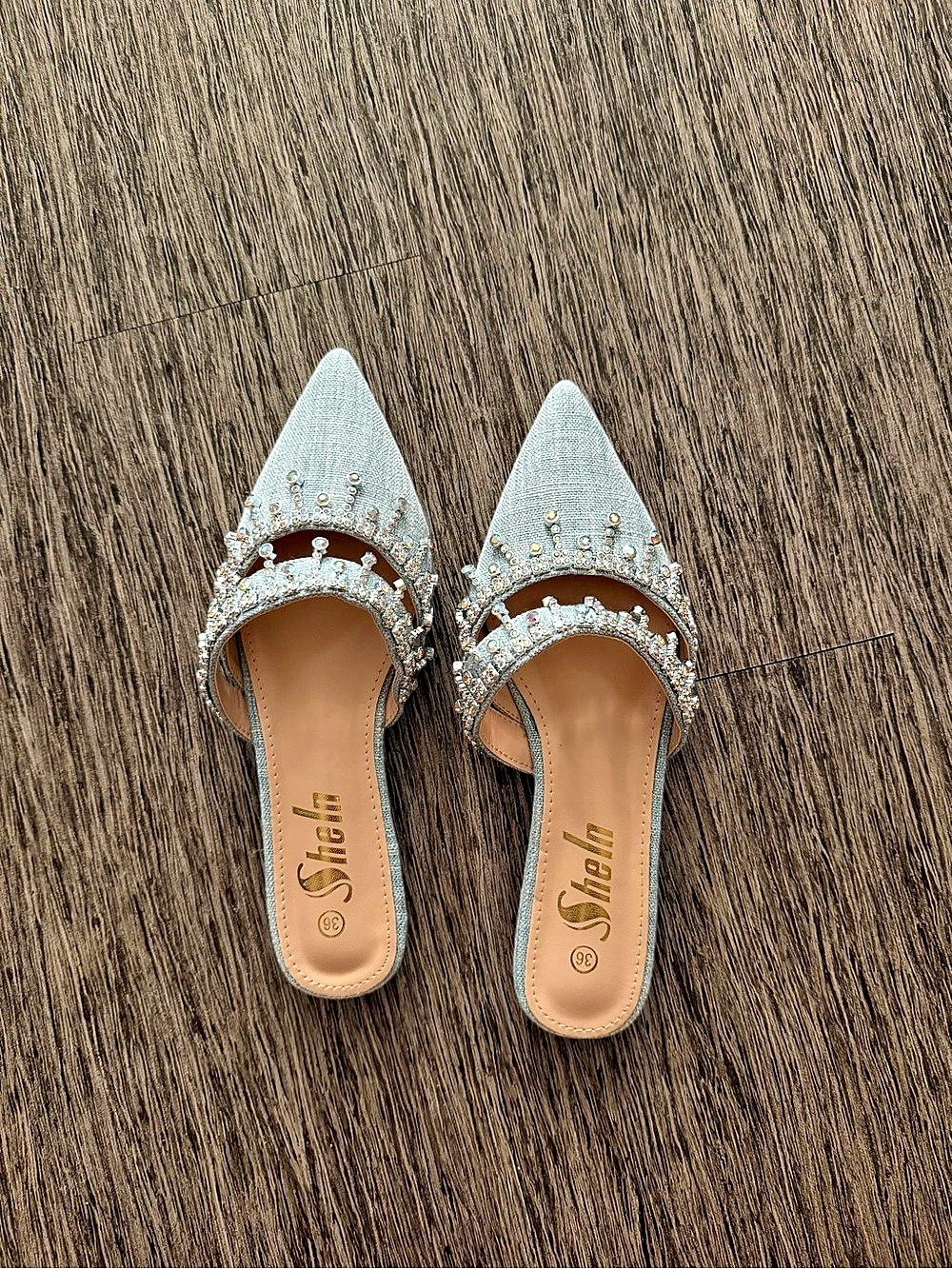 Shein Pointed-Toe Embellished Mules in Blue & Silver